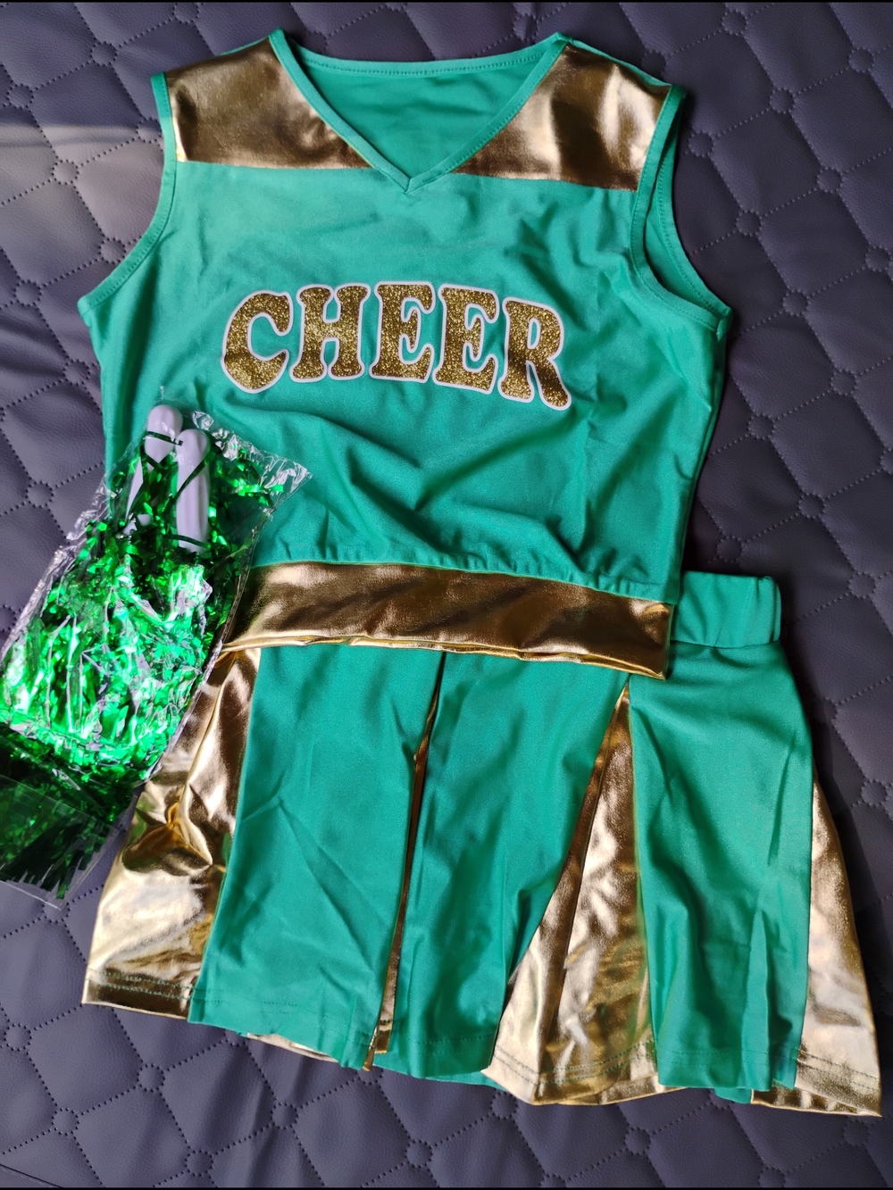 GIRLS GREEN & GOLD CHEER COSTUME SIZE 9-10 HALLOWEEN COSTUME SCHOOL SPIRIT NEW
